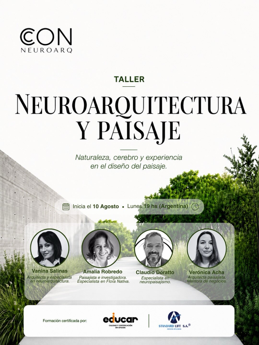 Flyer del taller Neuroarquitectura y Paisaje con los cuatro speakers invitados