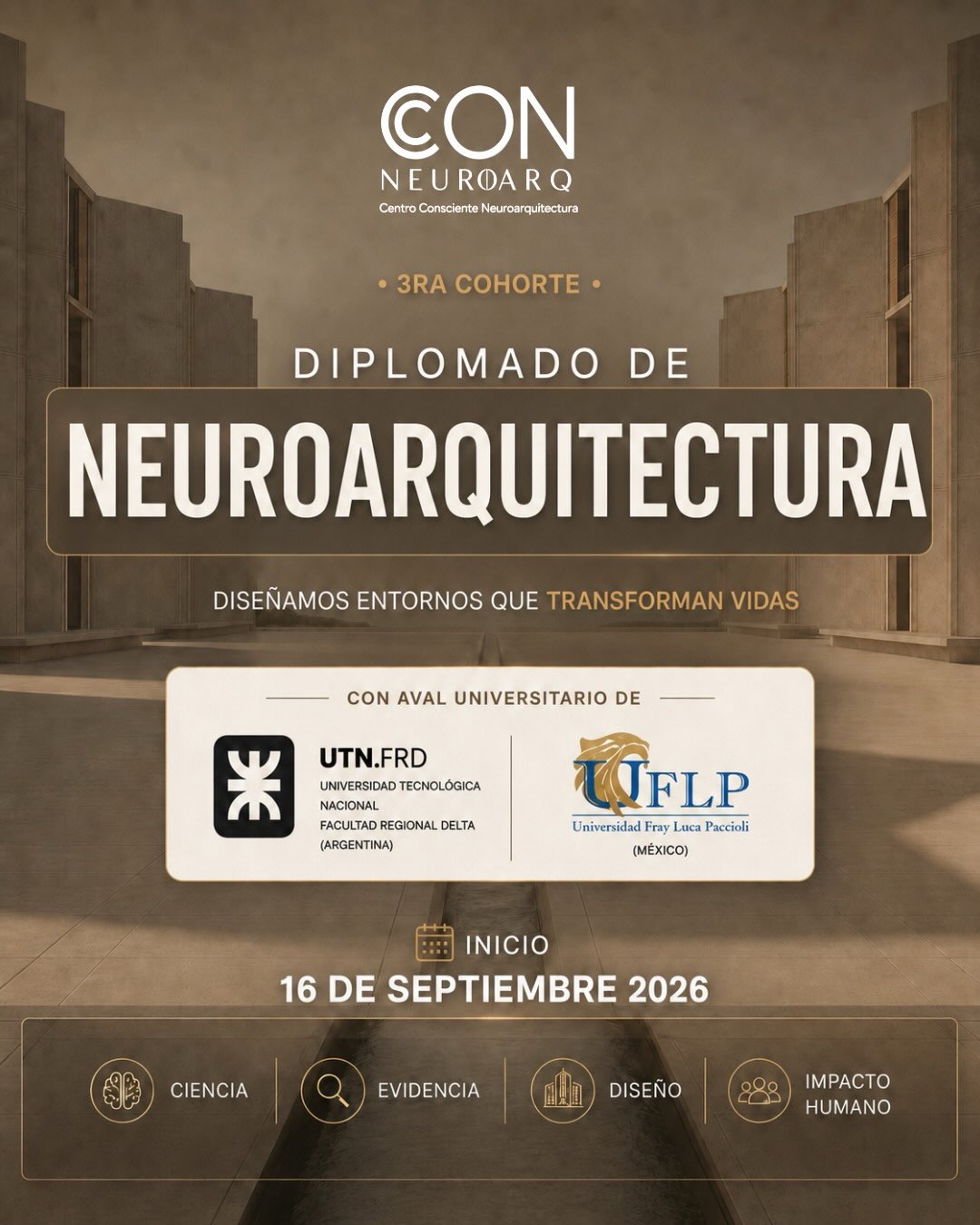 Flyer del Diplomado de Neuroarquitectura, tercera cohorte, con aval de UTN.FRD y Universidad Fray Luca Paccioli